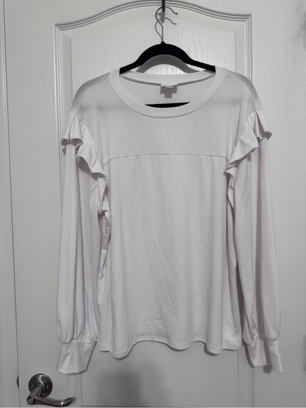 LuLaRoe Brielle White Long-Sleeve Ruffle Shoulder Top